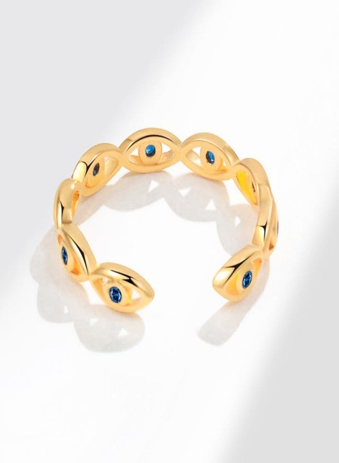 BlingNook Evil Eye Ring For Women, Cubic Zirconia Gold Stainless Steel Ring Green White Eyes Boho Adjustable Trendy Gold Plated Open Birthday Stackable Jewelry Gift (Gold Blue) - Image 5